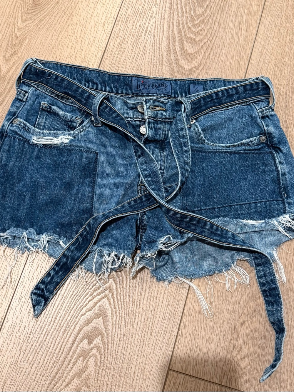 Lucky Brand Medium Blue Frayed Denim Tie-Belt Shorts